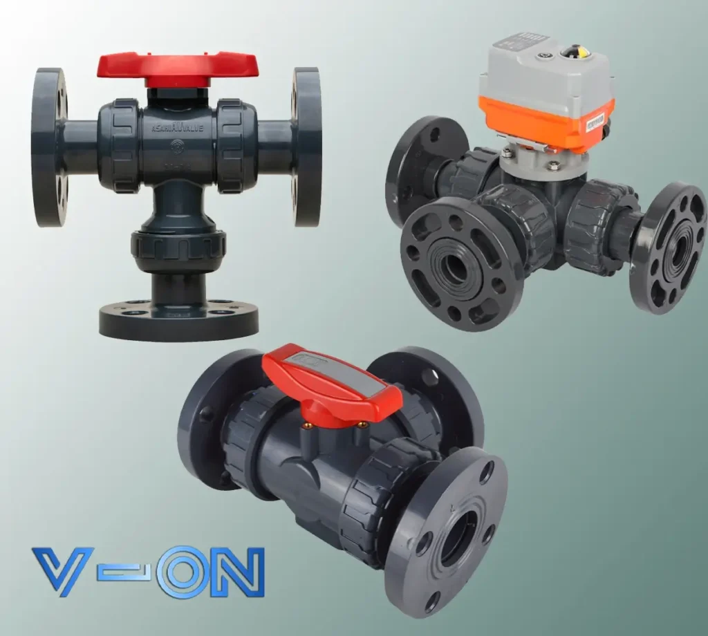 Hình ảnh van bi nhựa 3 ngã PVC mặt bích