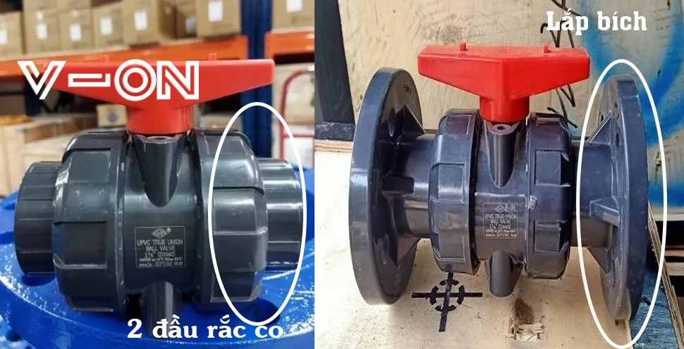 van bi nhựa 2 đầu rắc co và lắp bích 