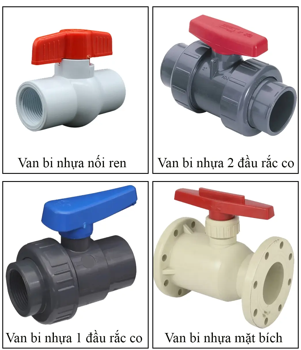 Hình ảnh van bi nhựa với các kiểu kết nối, răc co, ren, mặt bích, nhựa pvc, upvc, pph