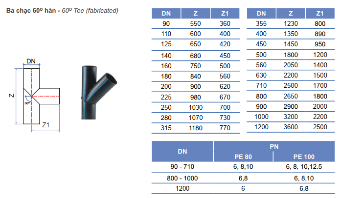 Thông số kỹ thuật Y HDPE tiền phong