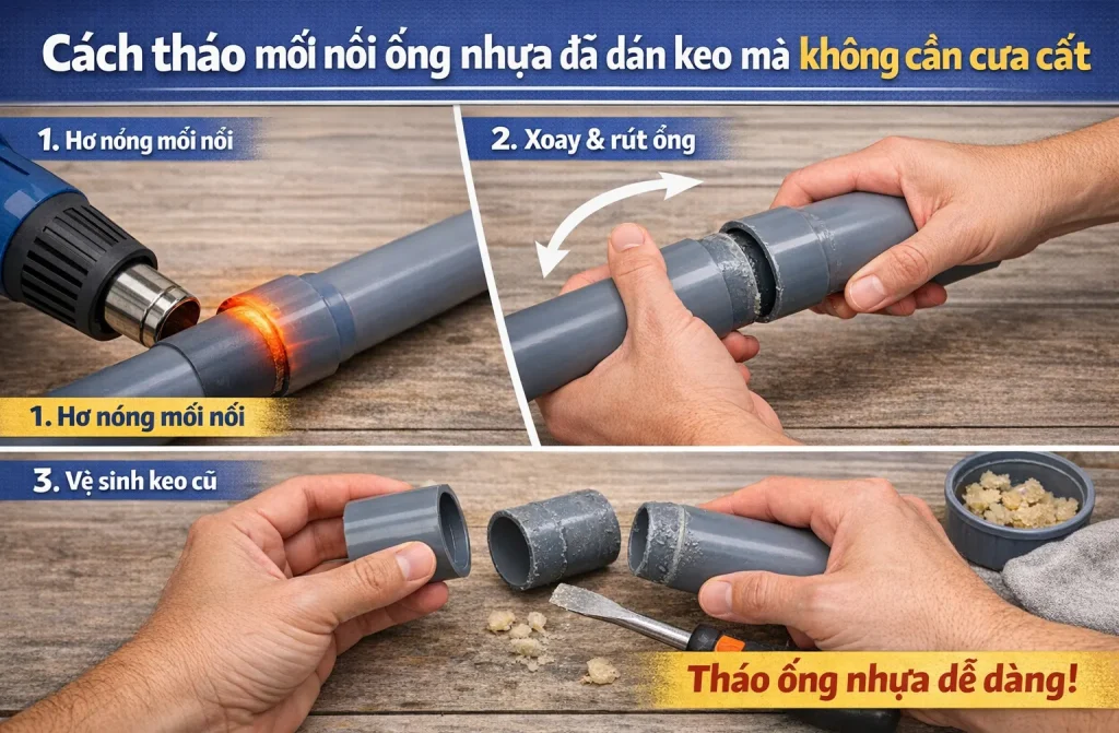 Cách tháo mối nối ống nhựa đã dán keo mà không cần cưa cắt.