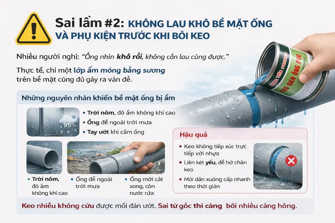 Không lau khô bề mặt ống và phụ kiện trước khi bôi keo