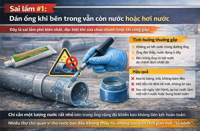 Sai lầm : Dán ống khi bên trong vẫn còn nước hoặc hơi nước
