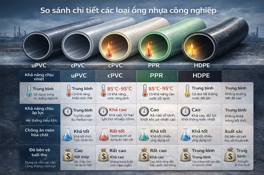 So sánh chi tiết các loại ống nhựa công nghiệp (uPVC – cPVC – PPR – HDPE)