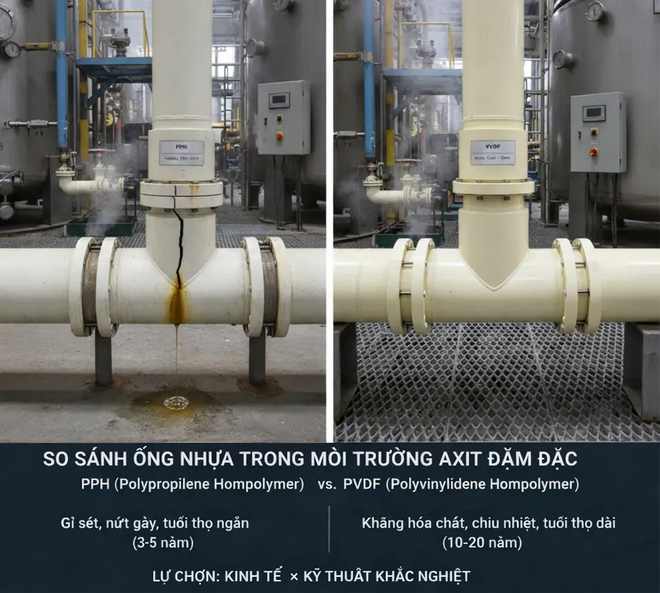 So sánh ống nhựa PPH và PVDF trong môi trường axit đậm đặc
