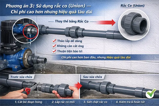 Sử dụng rắc co (Union) – Chi phí cao hơn nhưng hiệu quả lâu dài