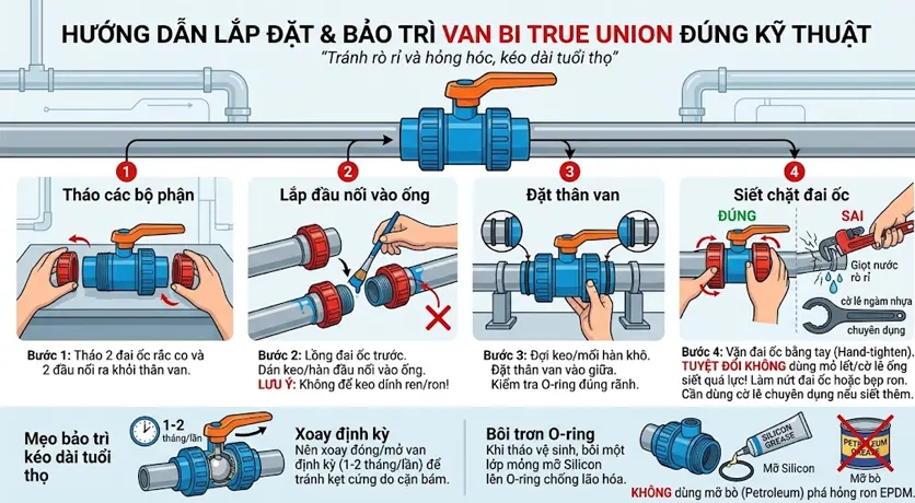 Hướng dẫn lắp đặt và bảo trì van bi True Union đúng kỹ thuật
